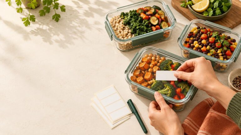 Overhead kitchen scene of hands placing a blank white label on a glass meal-prep container filled with roasted vegetables, chickpeas, and broccoli, surrounded by other prepared meals, spare labels, and a green pen on a light countertop.