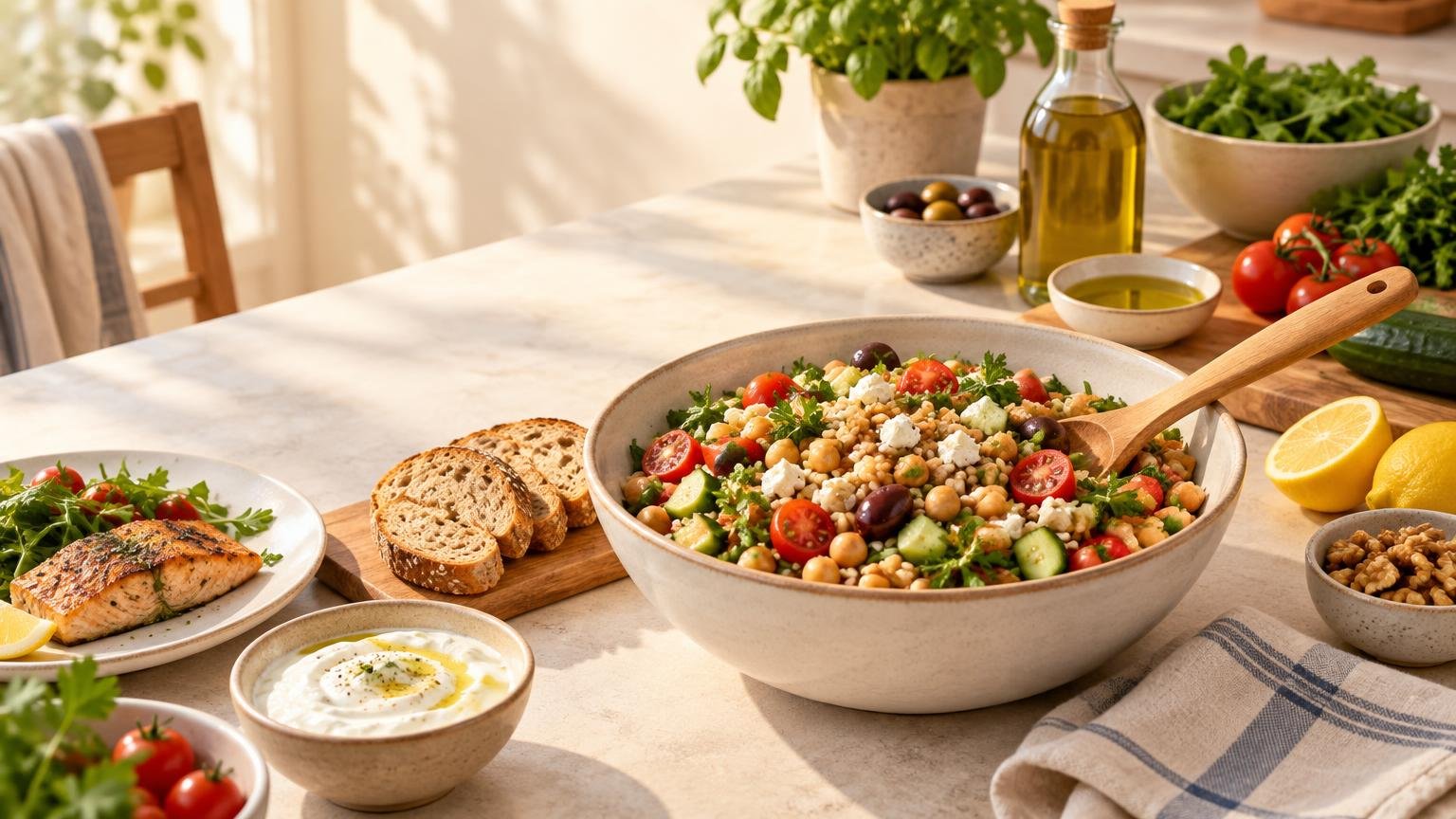 Sunlit kitchen table with a large bowl of chickpea, grain, cucumber, tomato, olive and herb salad, alongside salmon, whole-grain bread, yogurt, walnuts, lemons, olive oil and leafy greens.